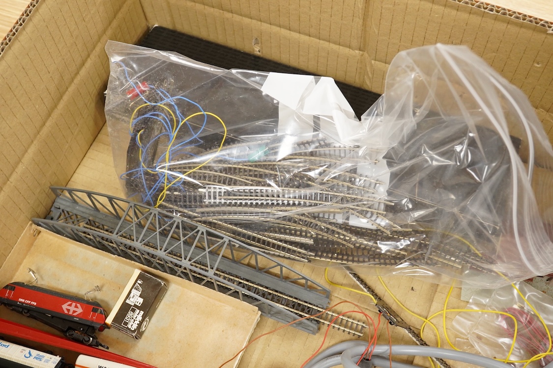 A Marklin Z gauge railway collection, Swiss railway from set 81852, including an SBB CFF FFS Bo-Bo pantograph electric locomotive, together with a boxed Mini-club unpowered 4-car set (87456), three freight wagons, a brid